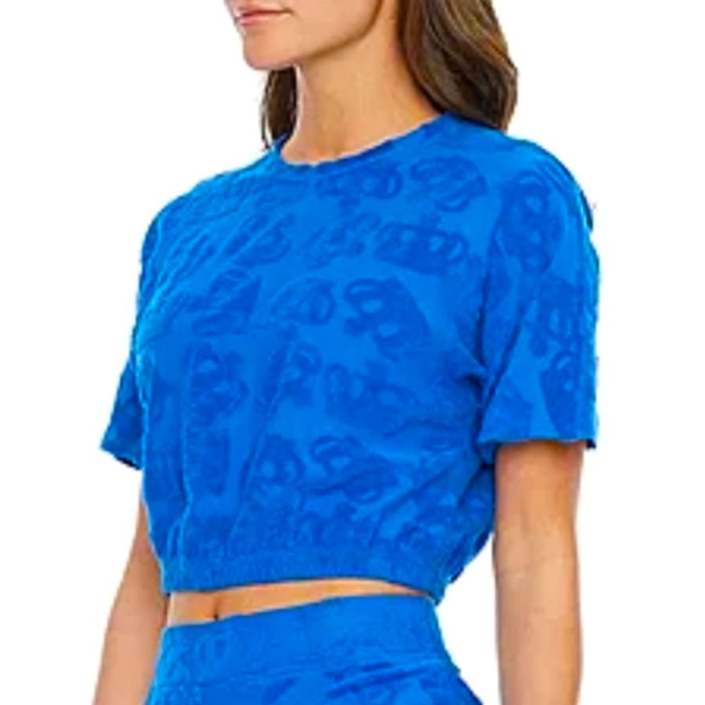 Juicy Couture Women’s L Electric Blue Embossed Terry Towel SS Crop Sweater NWT